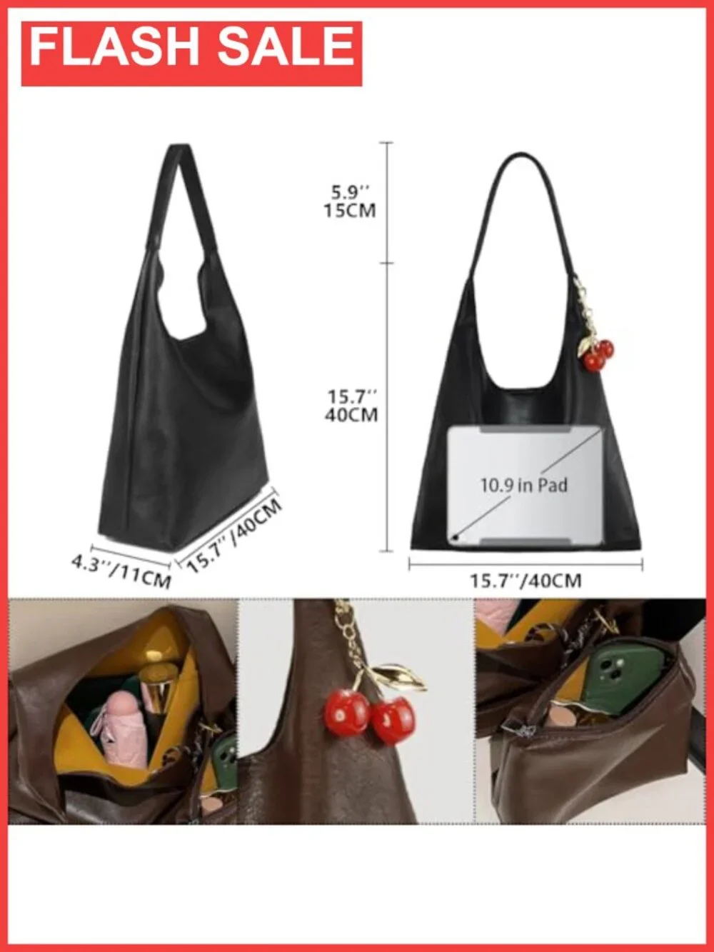Vegan PU Leather Hobo Bag Slouchy Shoulder Purse Retro Tote Handbag